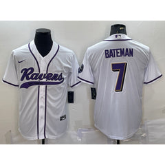 Men's Baltimore Ravens #7 Rashod Bateman White With Patch Cool Base Stitched Baseball Jersey 