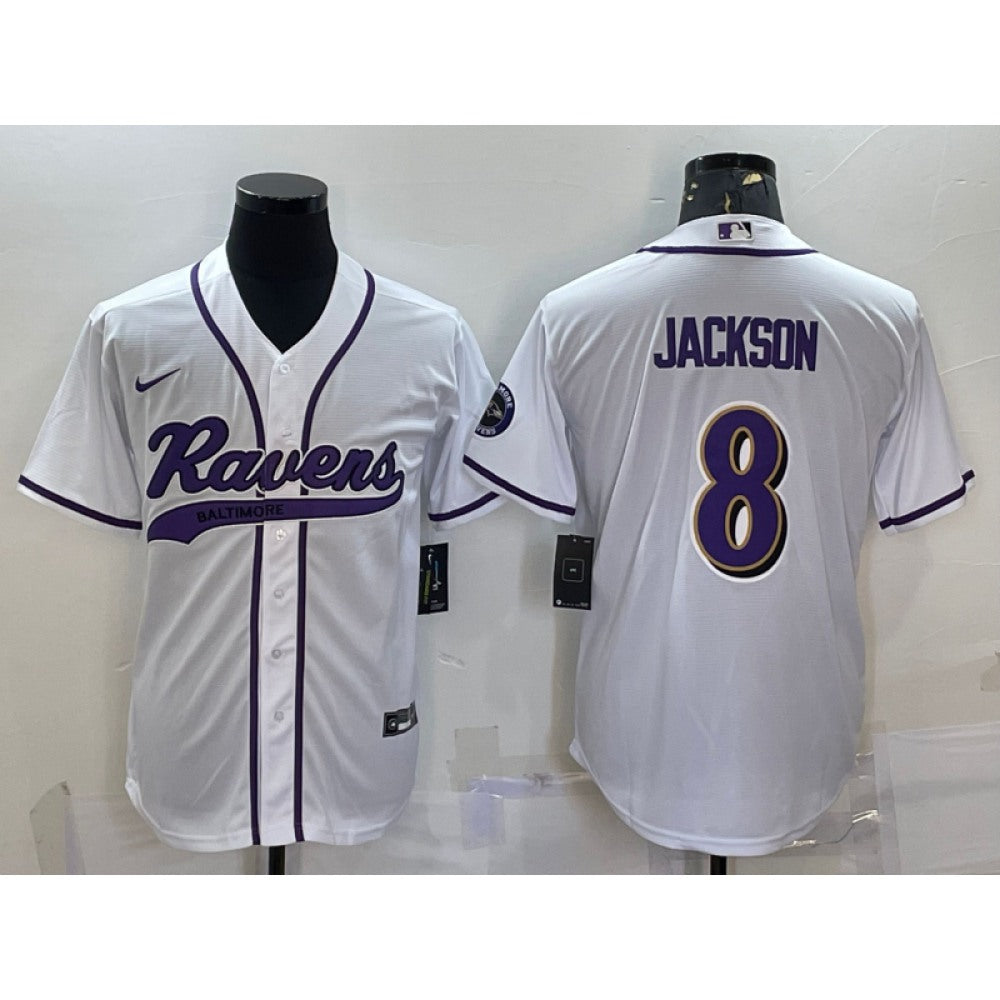 Men's Baltimore Ravens #8 Lamar Jackson White With Patch Cool Base Stitched Baseball Jersey 