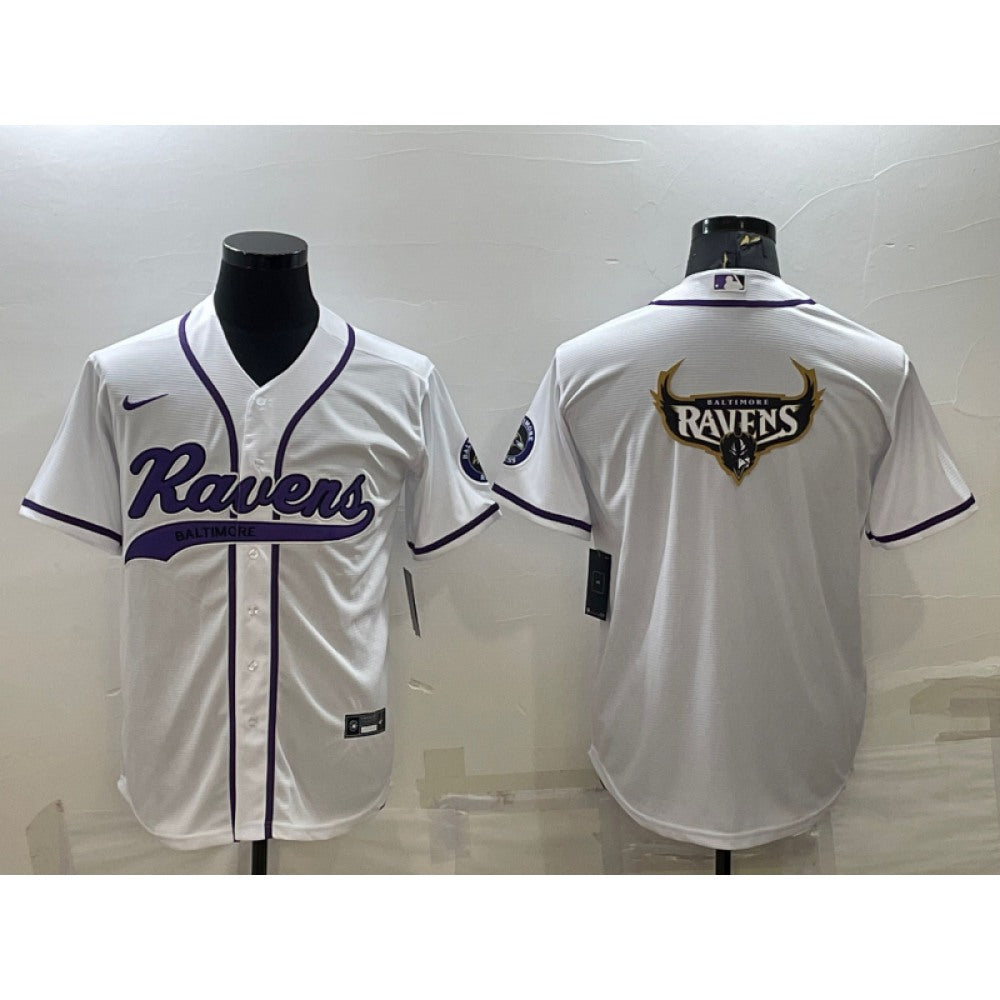 Men's Baltimore Ravens White Team Big Logo With Patch Cool Base Stitched Baseball Jersey 