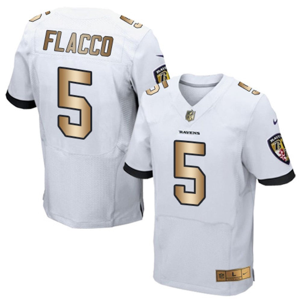 Ravens #5 Joe Flacco White Men's Stitched NFL New Elite Gold Jersey 