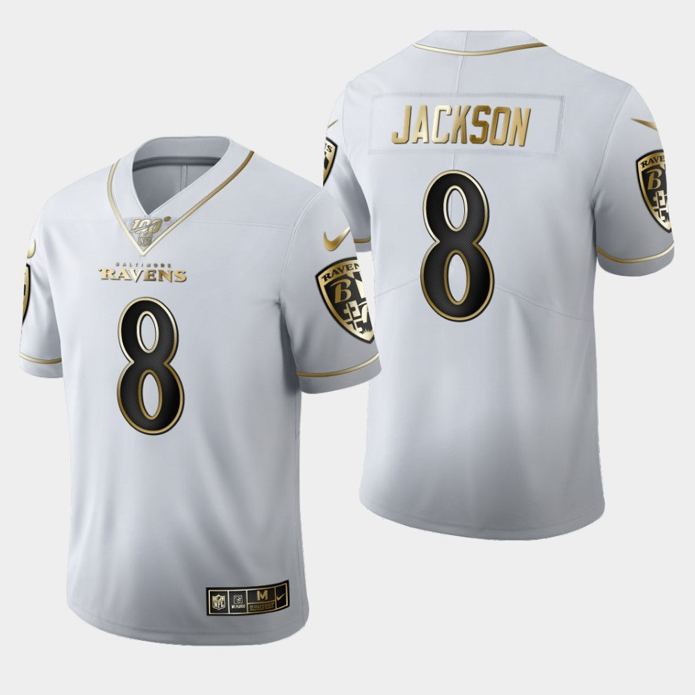 Men's Baltimore Ravens #8 Lamar Jackson White 2019 100th Season Golden Edition Limited Stitched NFL Jersey 