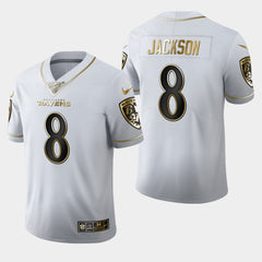 Men's Baltimore Ravens #8 Lamar Jackson White 2019 100th Season Golden Edition Limited Stitched NFL Jersey 