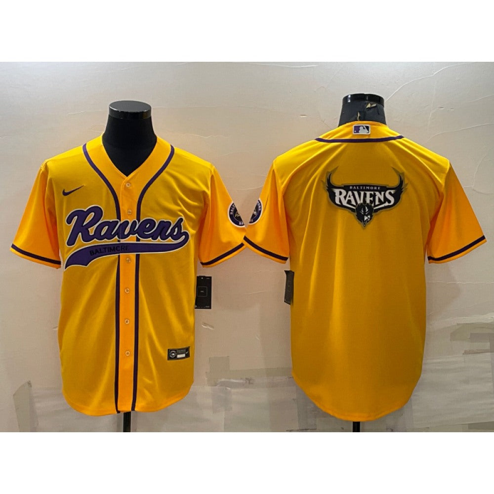 Men's Baltimore Ravens Yellow Team Big Logo With Patch Cool Base Stitched Baseball Jersey 