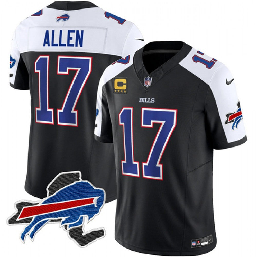 Men's Buffalo Bills #17 Josh Allen Black/White 2023 F.U.S.E. New York Patch and 4-Star C Patch Vapor Untouchable Limited Stitched Football Jersey 