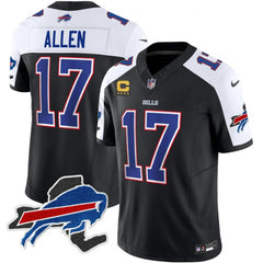 Men's Buffalo Bills #17 Josh Allen Black/White 2023 F.U.S.E. New York Patch and 4-Star C Patch Vapor Untouchable Limited Stitched Football Jersey 
