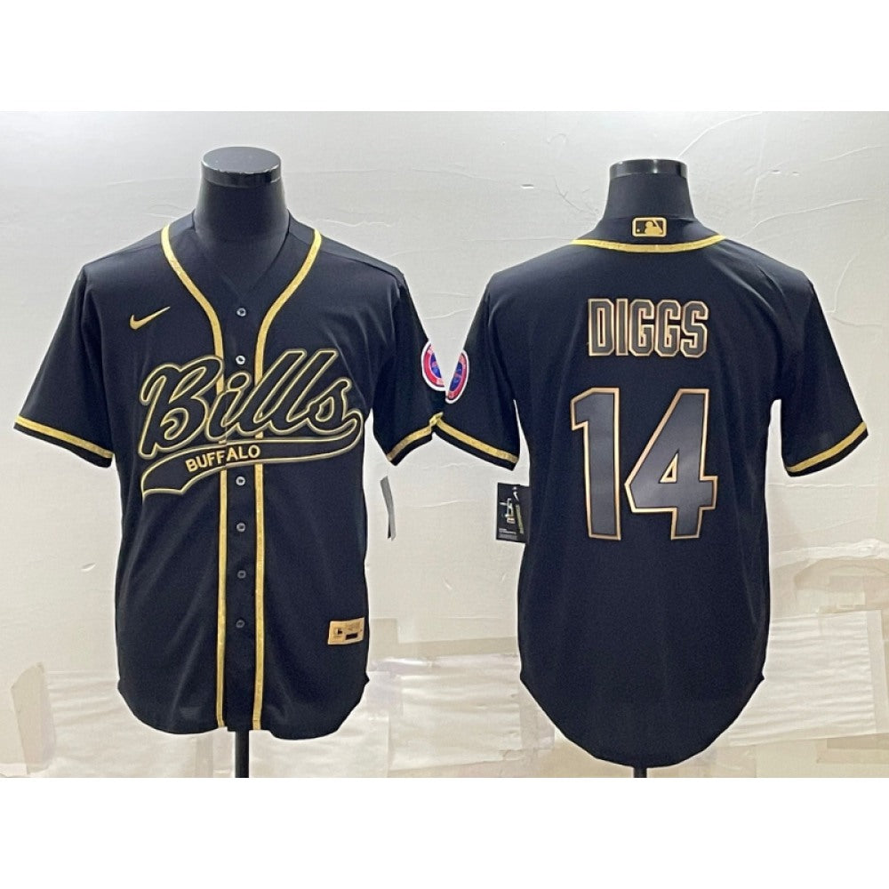 Men's Buffalo Bills #14 Stefon Diggs Black Gold With Patch Cool Base Stitched Baseball Jersey 