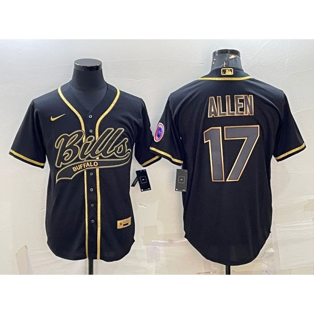 Men's Buffalo Bills #17 Josh Allen Black Gold Edition With Patch Cool Base Stitched Baseball Jersey 