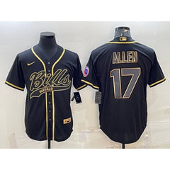 Men's Buffalo Bills #17 Josh Allen Black Gold Edition With Patch Cool Base Stitched Baseball Jersey 