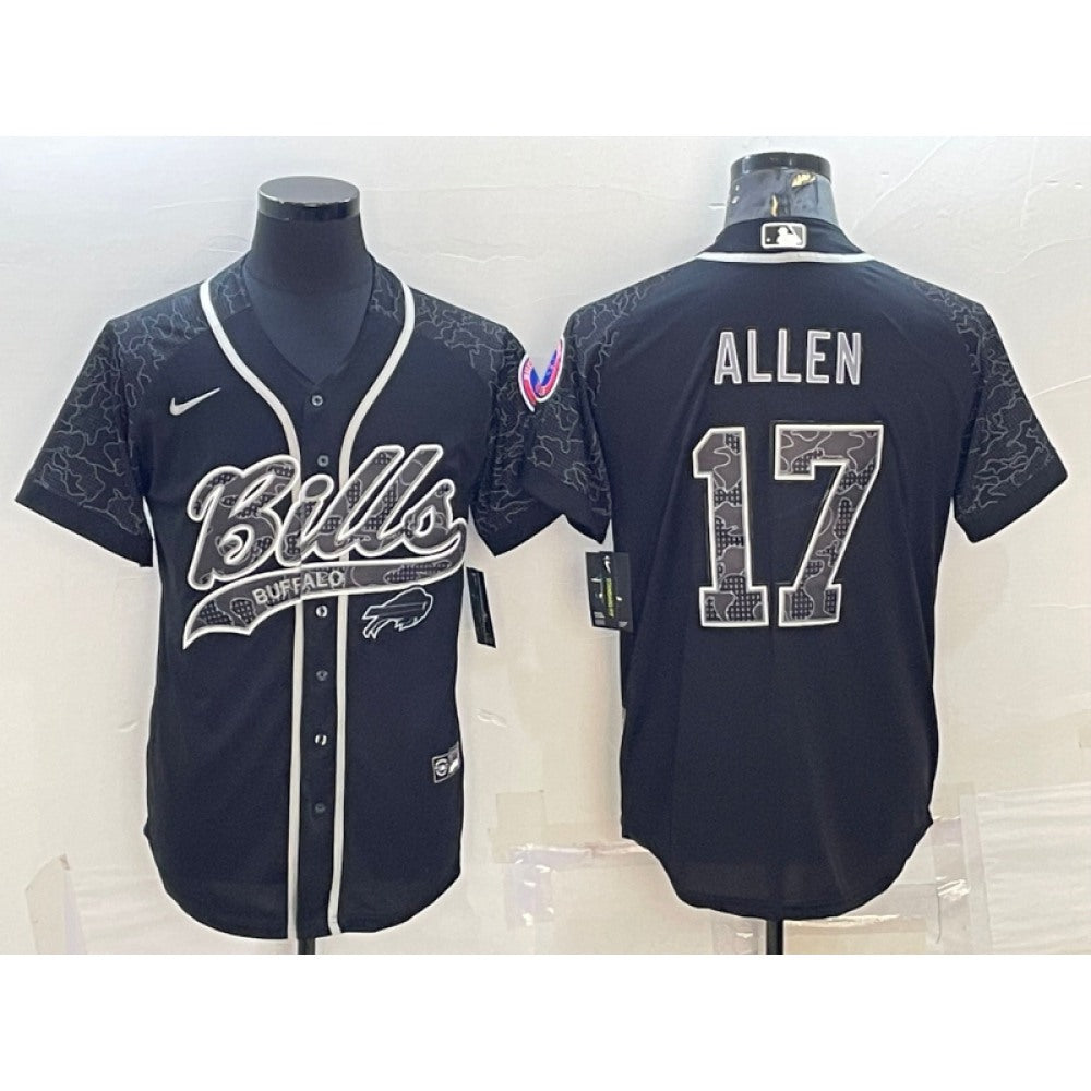 Men's Buffalo Bills #17 Josh Allen Black Reflective With Patch Cool Base Stitched Baseball Jersey 