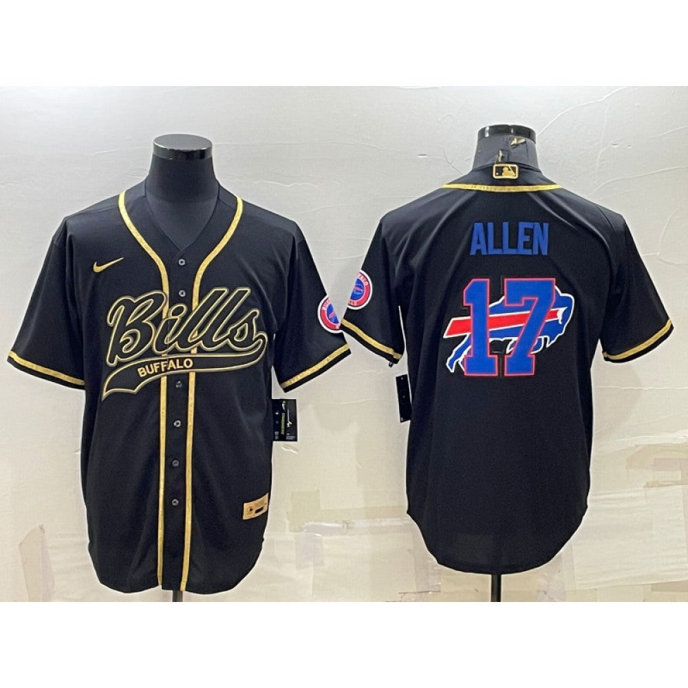 Men's Buffalo Bills #17 Josh Allen Black Gold Team Big Logo With Patch Cool Base Stitched Baseball Jersey 