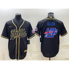 Men's Buffalo Bills #17 Josh Allen Black Gold Team Big Logo With Patch Cool Base Stitched Baseball Jersey 