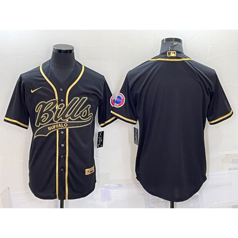 Men's Buffalo Bills Blank Black Gold With Patch Cool Base Stitched Baseball Jersey 