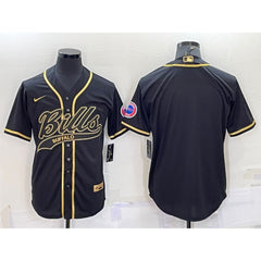 Men's Buffalo Bills Blank Black Gold With Patch Cool Base Stitched Baseball Jersey 