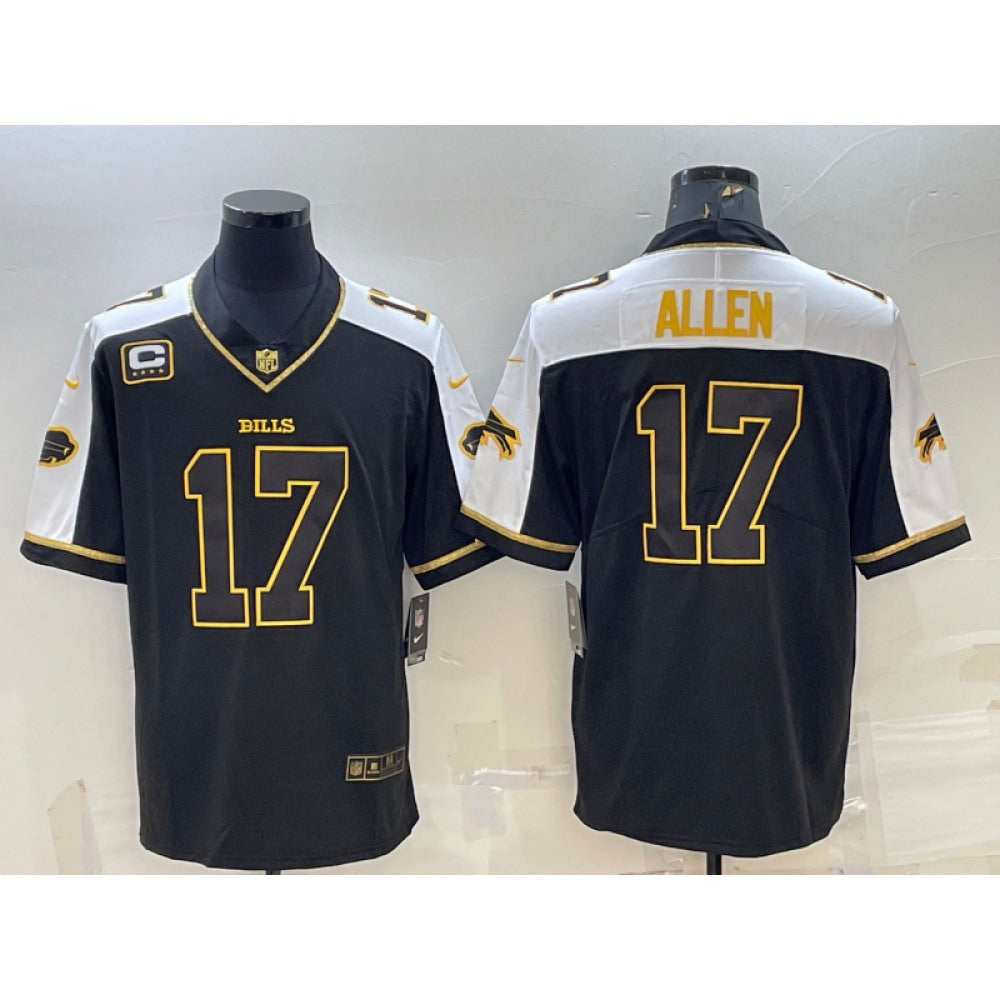 Men's Buffalo Bills #17 Josh Allen Black Gold With C Patch Thanksgiving Vapor Untouchable Limited Stitched Jersey 