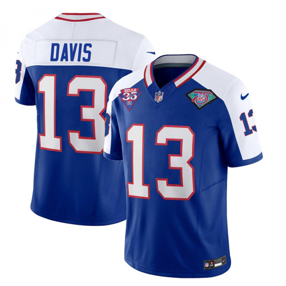 Men's Buffalo Bills #13 Gabe Davis Blue/White 35th And 75th Patch 2023 F.U.S.E. Throwback Vapor Untouchable Limited Stitched Jersey 