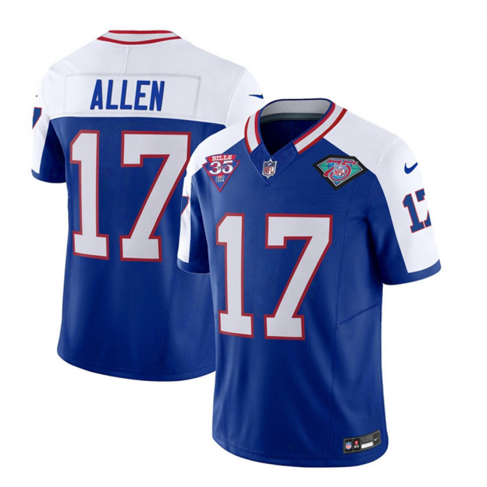Men's Buffalo Bills #17 Josh Allen Blue/White 35th And 75th Patch 2023 F.U.S.E. Throwback Vapor Untouchable Limited Stitched Jersey 