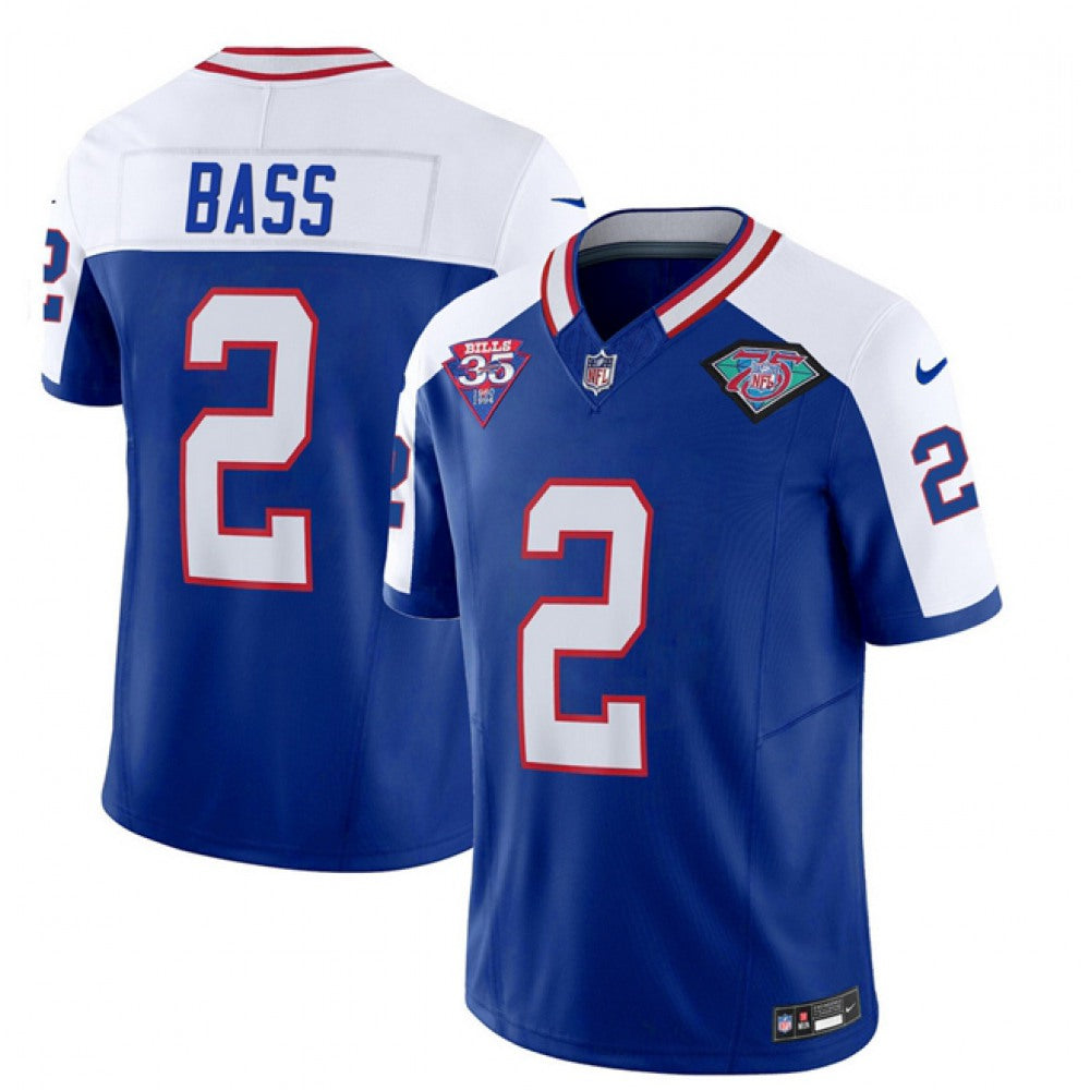 Men's Buffalo Bills #2 Tyler Bass Blue/White 2023 F.U.S.E. 35th And 75th Patch Throwback Vapor Untouchable Limited Stitched Jersey 