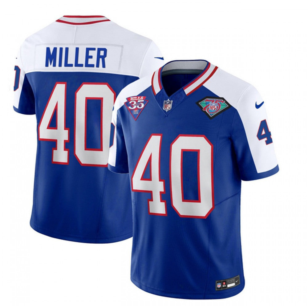 Men's Buffalo Bills #40 Von Miller Blue/White 35th And 75th Patch 2023 F.U.S.E. Throwback Vapor Untouchable Limited Stitched Jersey 
