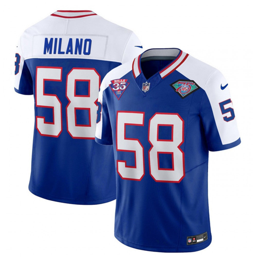 Men's Buffalo Bills #58 Matt Milano Blue/White 35th And 75th Patch 2023 F.U.S.E. Throwback Vapor Untouchable Limited Stitched Jersey 