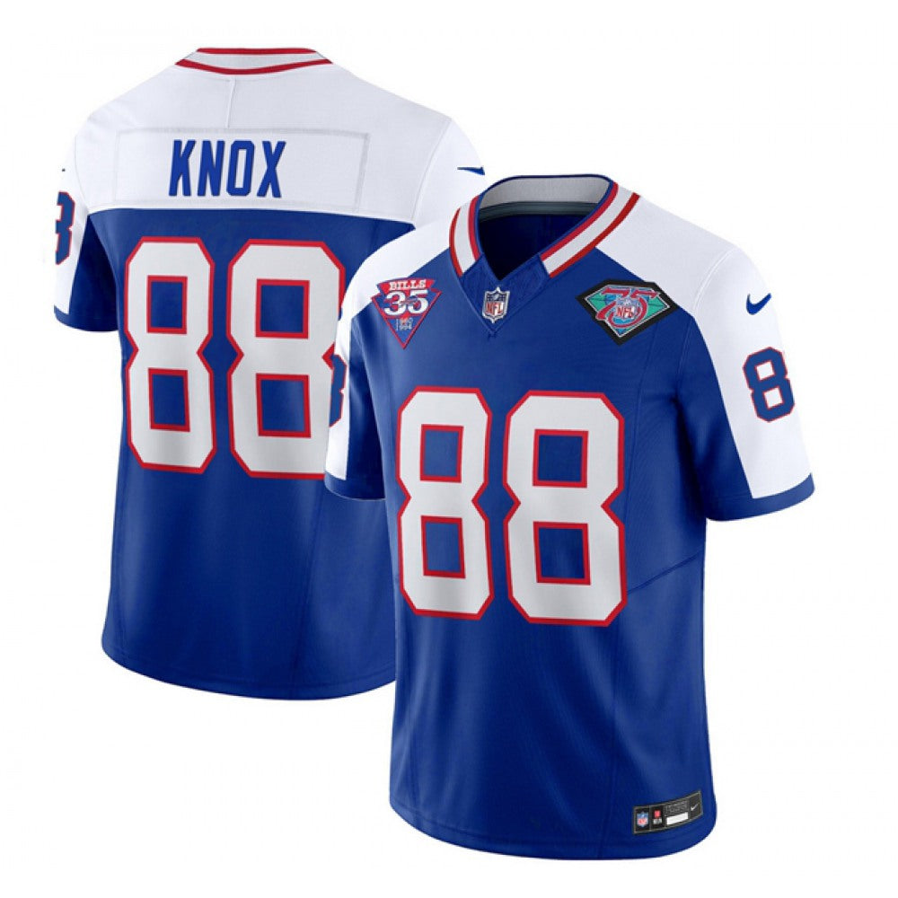 Men's Buffalo Bills #88 Dawson Knox Blue/White 35th And 75th Patch 2023 F.U.S.E. Throwback Vapor Untouchable Limited Stitched Jersey 