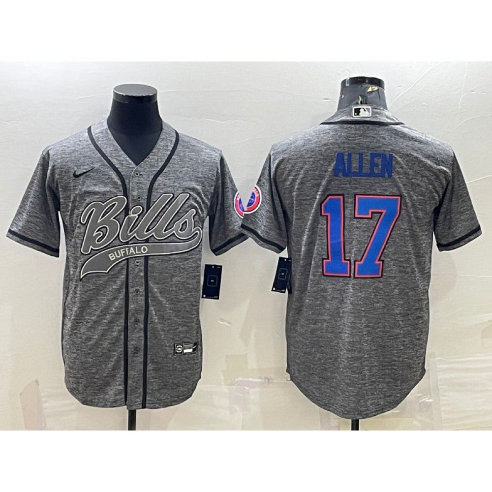 Men's Buffalo Bills #17 Josh Allen Grey With Patch Cool Base Stitched Baseball Jersey 