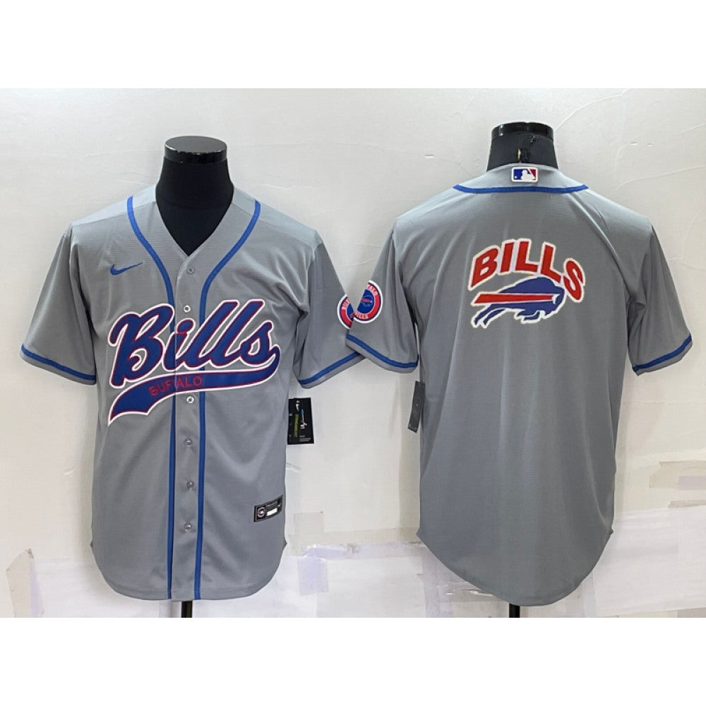 Men's Buffalo Bills Grey Team Big Logo With Patch Cool Base Stitched Baseball Jersey 