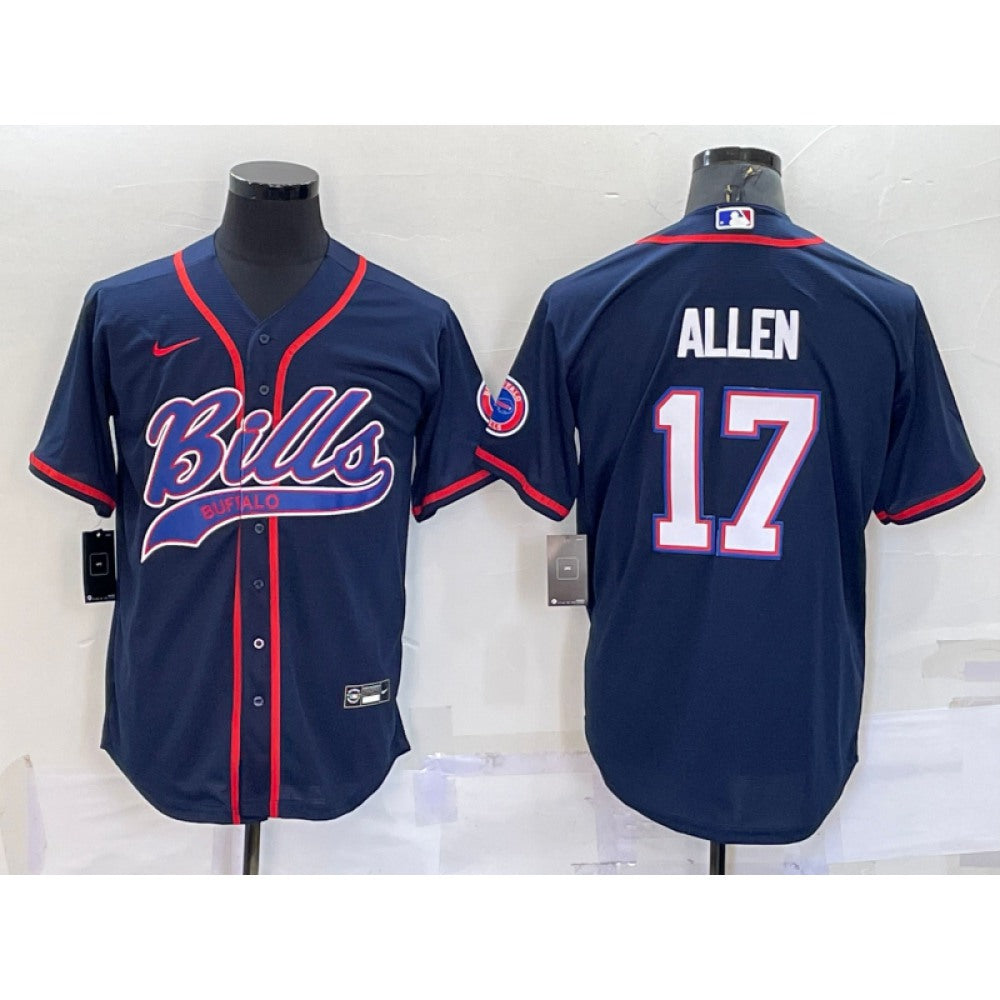 Men's Buffalo Bills #17 Josh Allen Navy With Patch Cool Base Stitched Baseball Jersey 