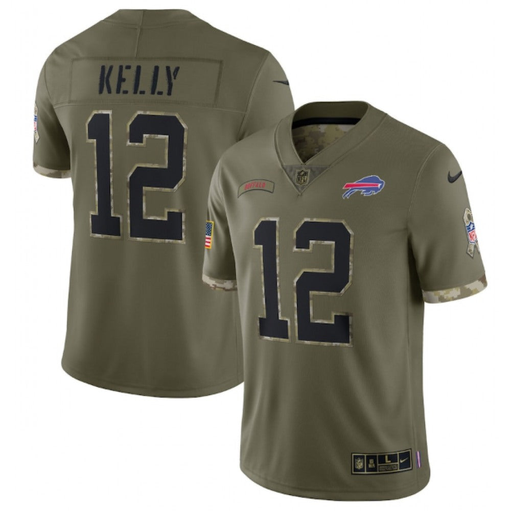 Men's Buffalo Bills #12 Jim Kelly Olive 2022 Salute To Service Limited Stitched Jersey 