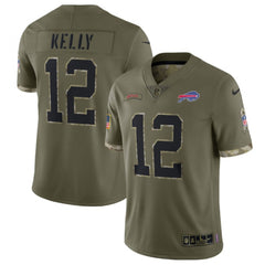 Men's Buffalo Bills #12 Jim Kelly Olive 2022 Salute To Service Limited Stitched Jersey 