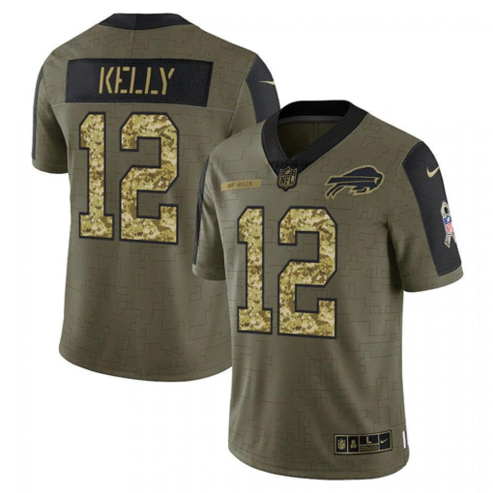 Men's Buffalo Bills #12 Jim Kelly 2021 Olive Camo Salute To Service Limited Stitched Jersey 