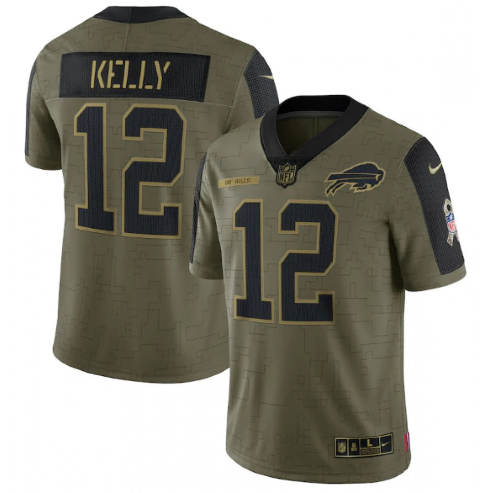 Men's Buffalo Bills #12 Jim Kelly 2021 Olive Salute To Service Limited Stitched Jersey 