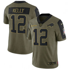 Men's Buffalo Bills #12 Jim Kelly 2021 Olive Salute To Service Limited Stitched Jersey 