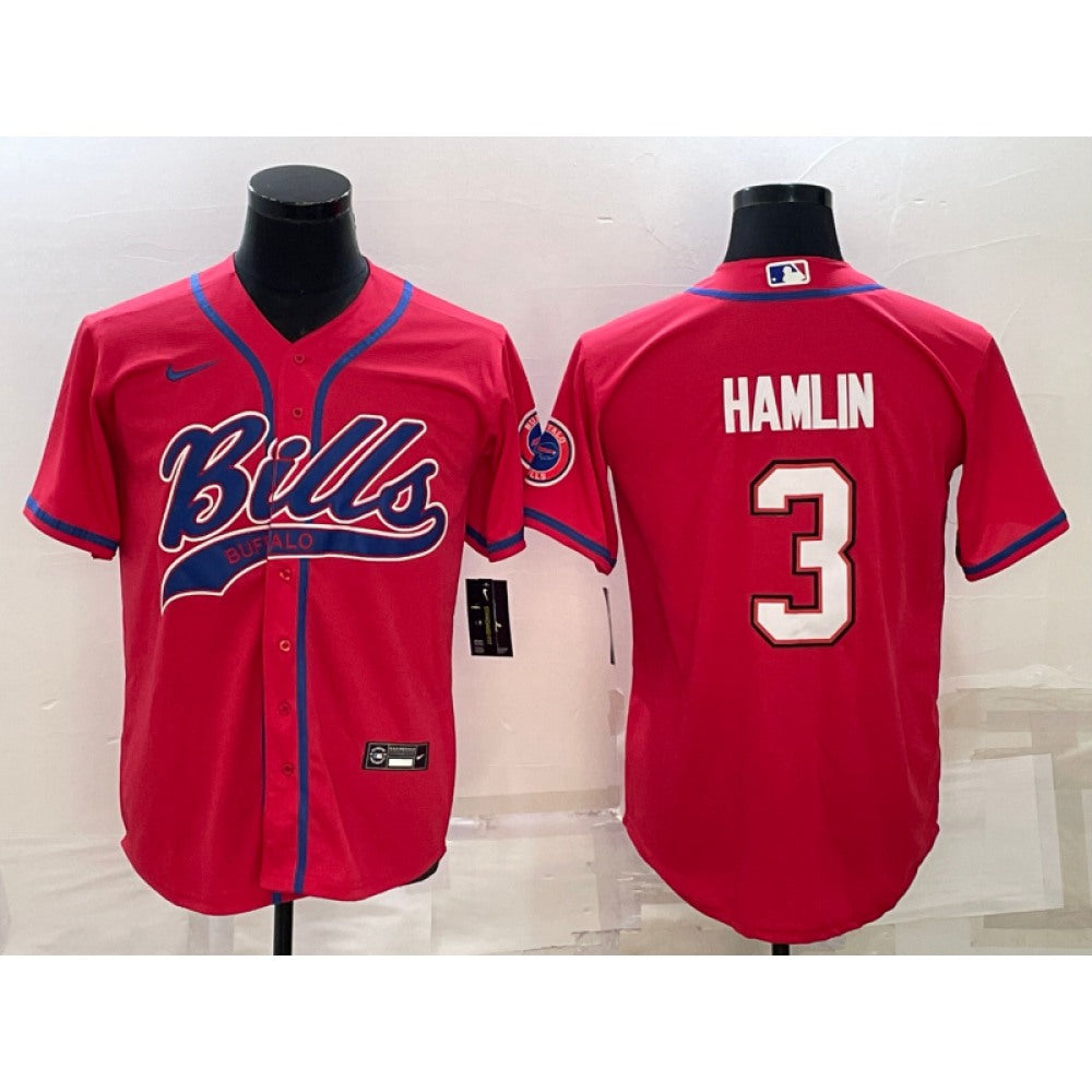 Men's Buffalo Bills #3 Damar Hamlin Red With Patch Cool Base Stitched Baseball Jersey 