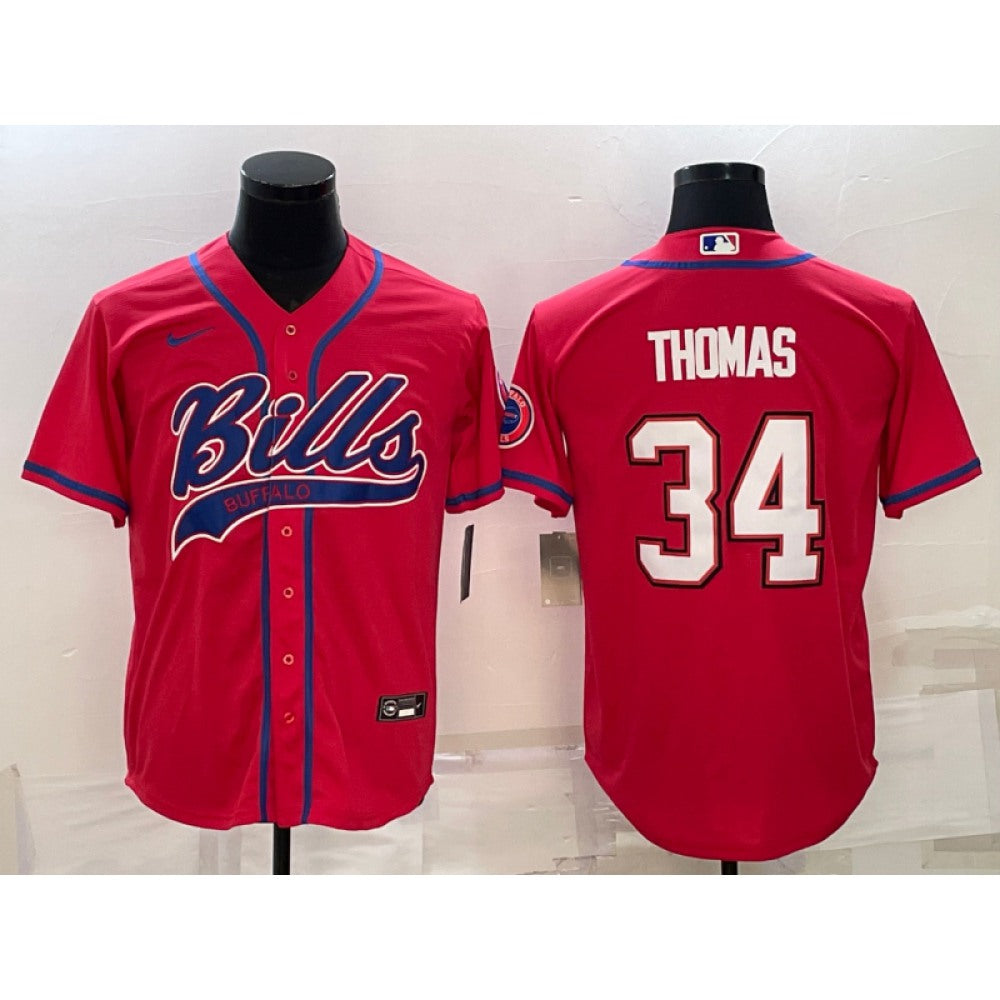 Men's Buffalo Bills #34 Thurman Thomas Red With Patch Cool Base Stitched Baseball Jersey 