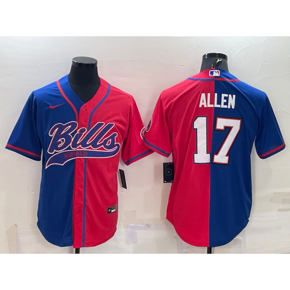 Men's Buffalo Bills #17 Josh Allen Royal/Red Split With Patch Cool Base Stitched Baseball Jersey 