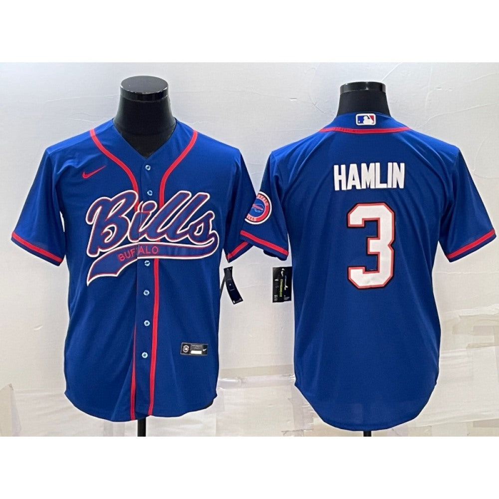 Men's Buffalo Bills #3 Damar Hamlin Royal With Patch Cool Base Stitched Baseball Jersey 