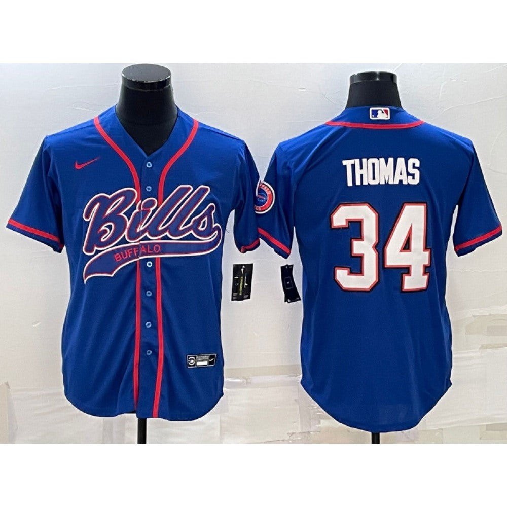 Men's Buffalo Bills #34 Thurman Thomas Royal With Patch Cool Base Stitched Baseball Jersey 