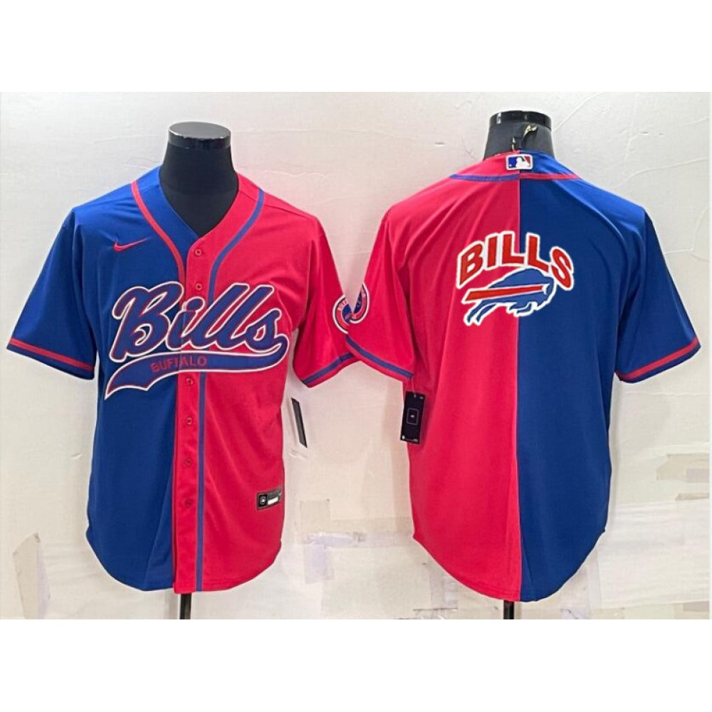 Men's Buffalo Bills Blank Royal/Red Split Team Big Logo With Patch Cool Base Stitched Baseball Jersey 