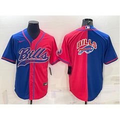 Men's Buffalo Bills Blank Royal/Red Split Team Big Logo With Patch Cool Base Stitched Baseball Jersey 
