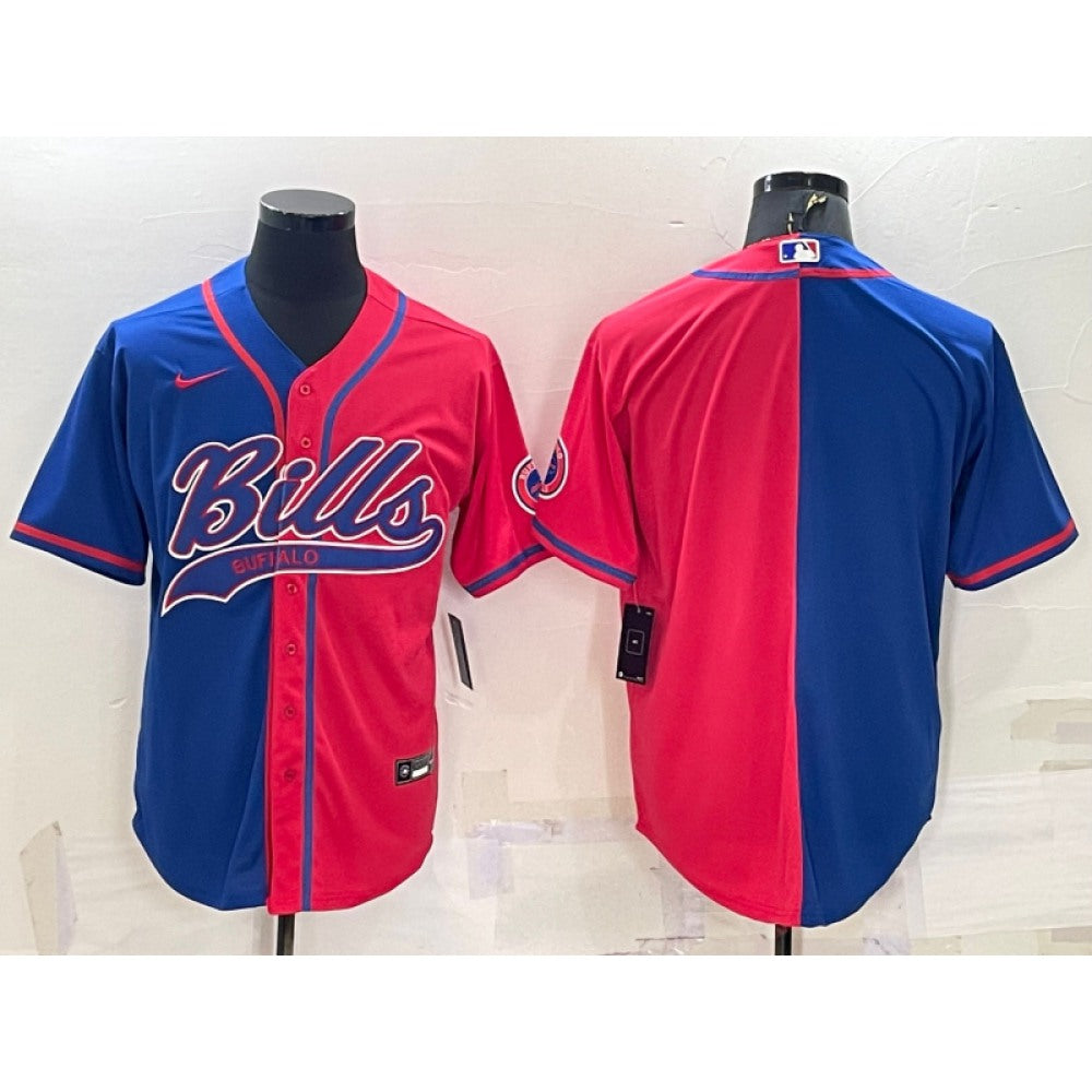 Men's Buffalo Bills Blank Royal/Red Split With Patch Cool Base Stitched Baseball Jersey 