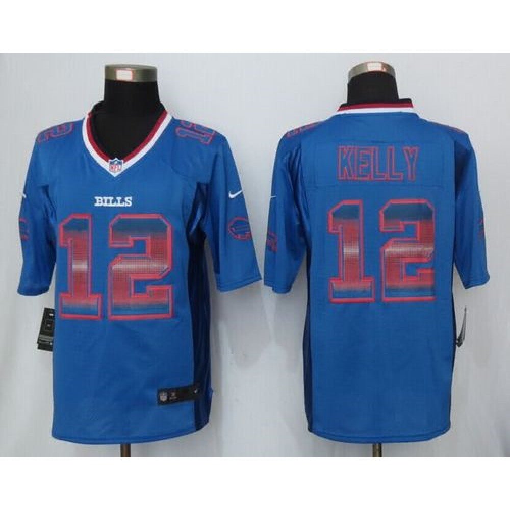 Bills #12 Jim Kelly Royal Blue Team Color Men's Stitched NFL Limited Strobe Jersey 
