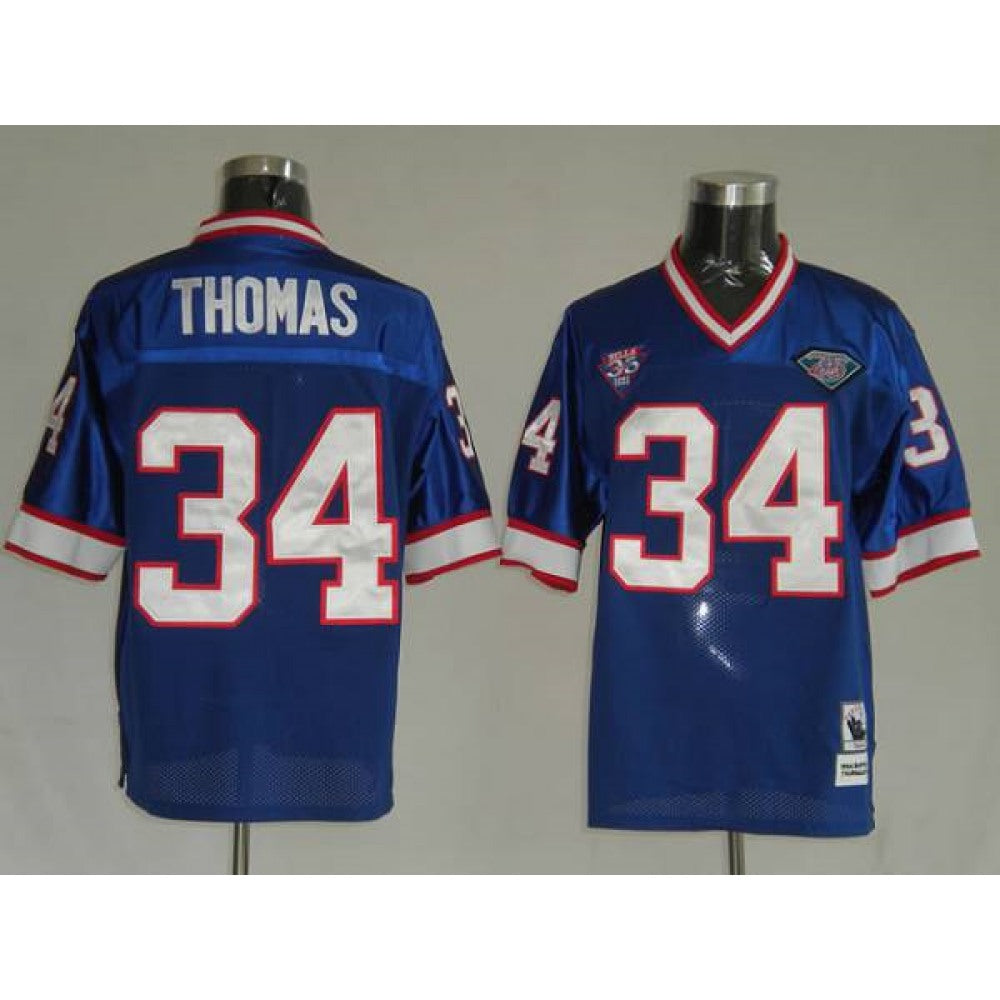 Mitchell & Ness Bills #34 Thurman Thomas Blue 35th Anniversary Patch Stitched Throwback NFL Jersey 
