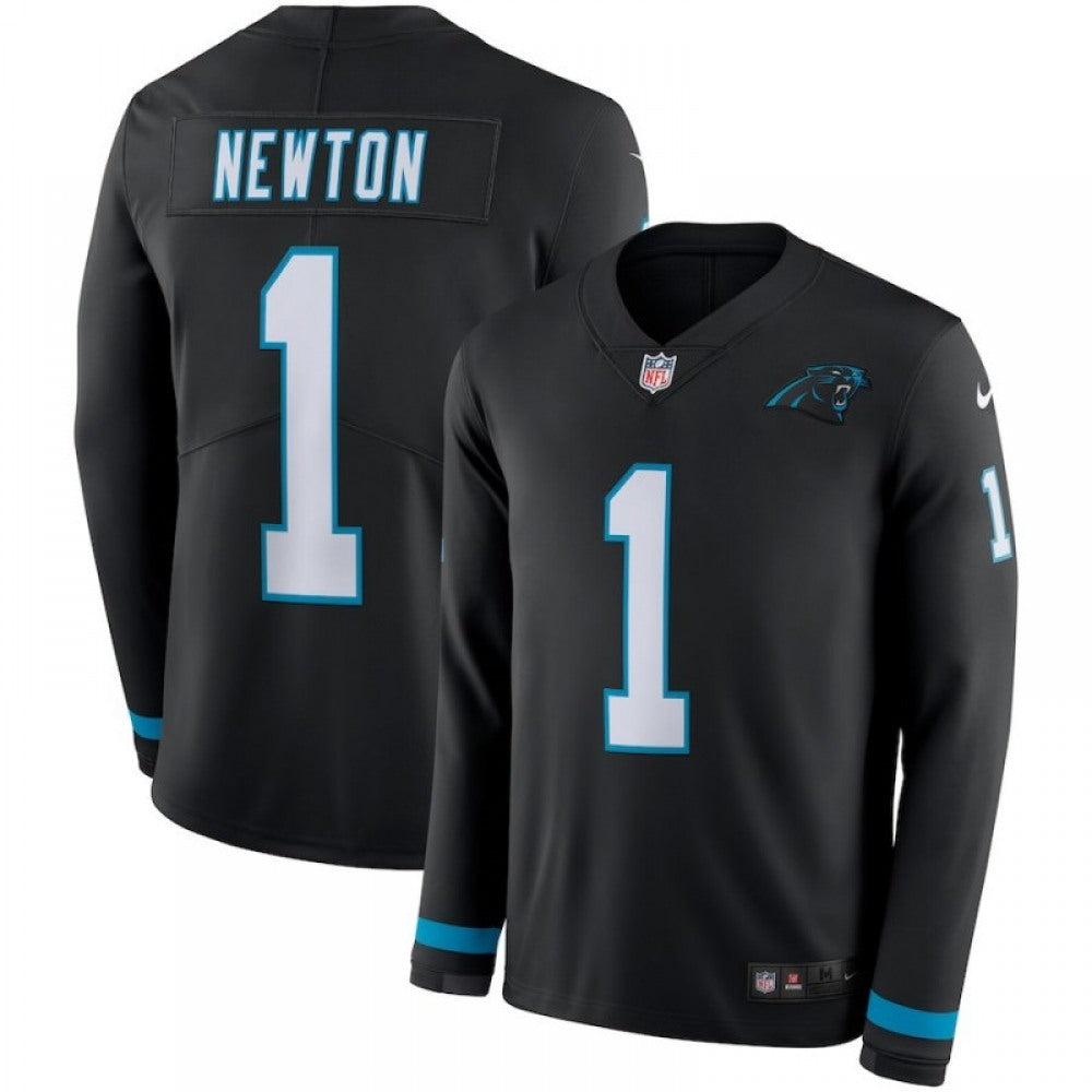 Men's Carolina Panthers #1 Cam Newton Black Therma Long Sleeve Stitched NFL Jersey 