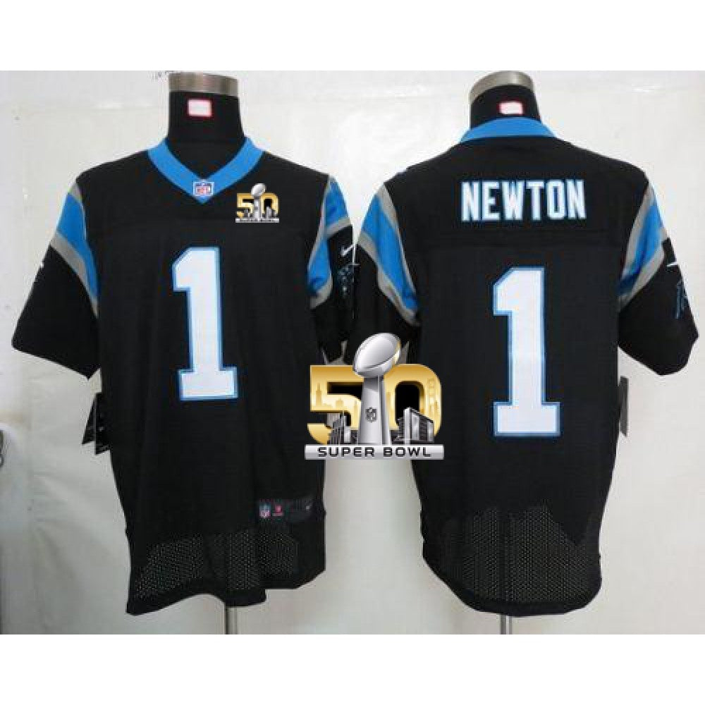 Panthers #1 Cam Newton Black Team Color Super Bowl 50 Men's Stitched NFL Elite Jersey 