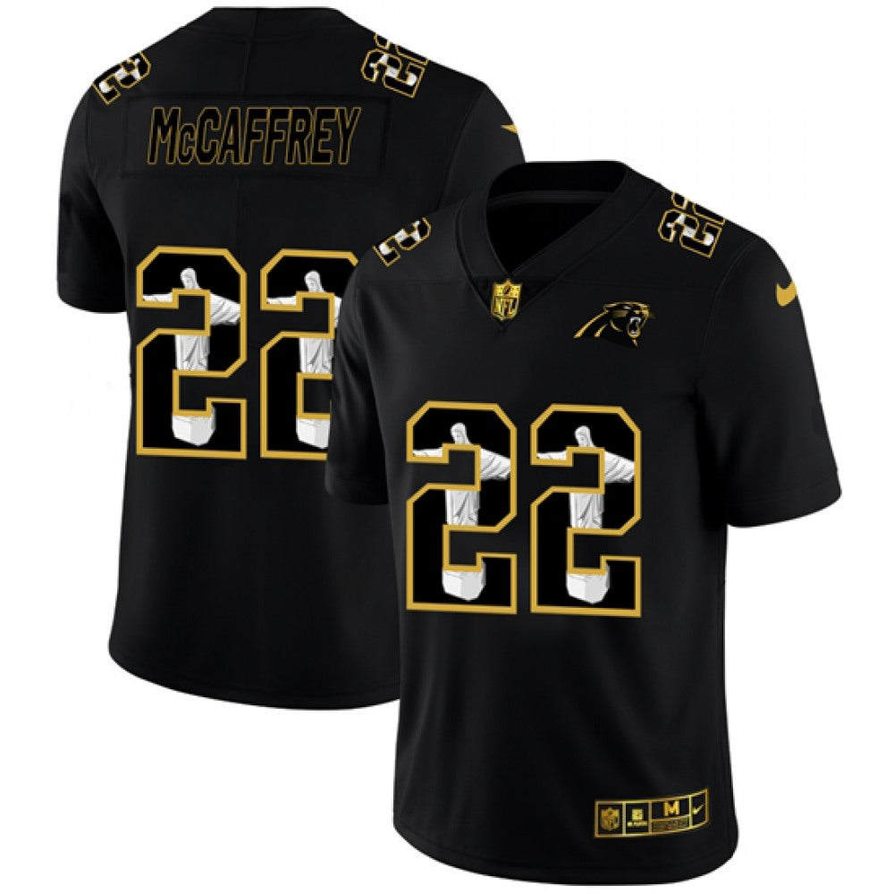 Men's Carolina Panthers #22 Christian McCaffrey 2020 Black Jesus Faith Edition Limited Stitched Jersey 