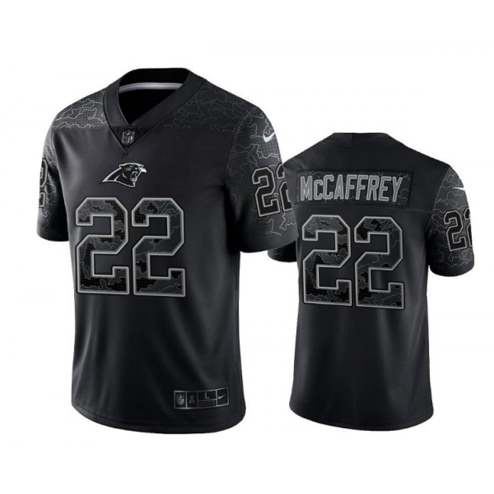 Men's Carolina Panthers #22 Christian McCaffrey Black Reflective Limited Stitched Football Jersey 