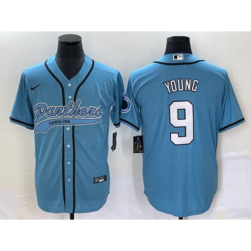 Men's Carolina Panthers #9 Bryce Young Blue With Patch Cool Base Stitched Baseball Jersey 