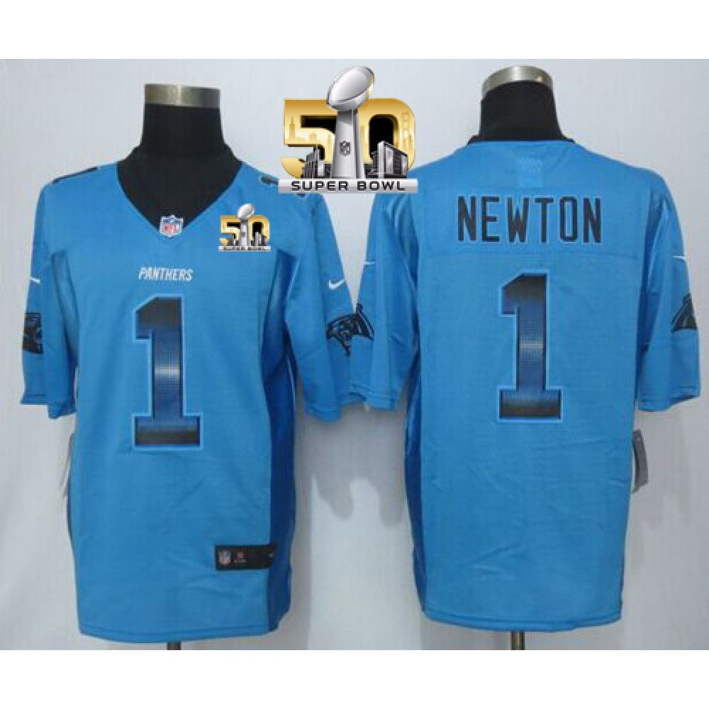 Panthers #1 Cam Newton Blue Alternate Super Bowl 50 Men's Stitched NFL Limited Strobe Jersey 