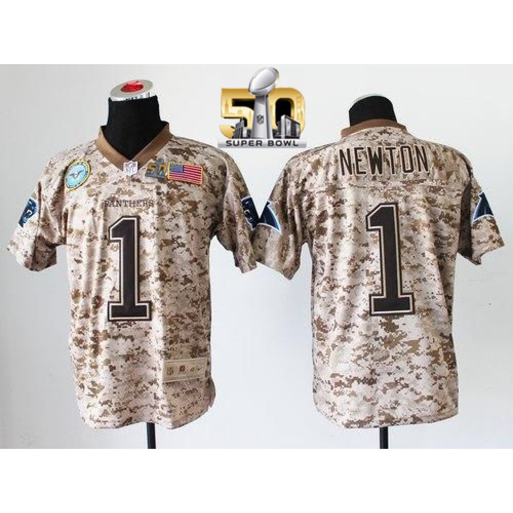 Panthers #1 Cam Newton Camo Super Bowl 50 Men's Stitched NFL New Elite USMC Jersey 