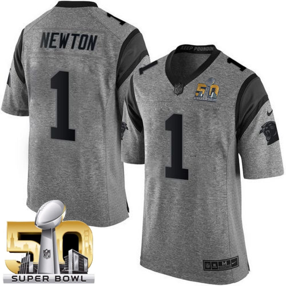 Panthers #1 Cam Newton Gray Super Bowl 50 Men's Stitched NFL Limited Gridiron Gray Jersey 